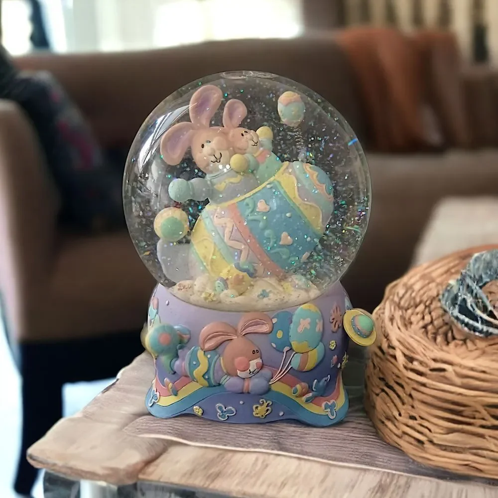 Easter Snow Globe Music Box Musical Bunny VIDEO Pastel Balloons Eggs Vintage 90s